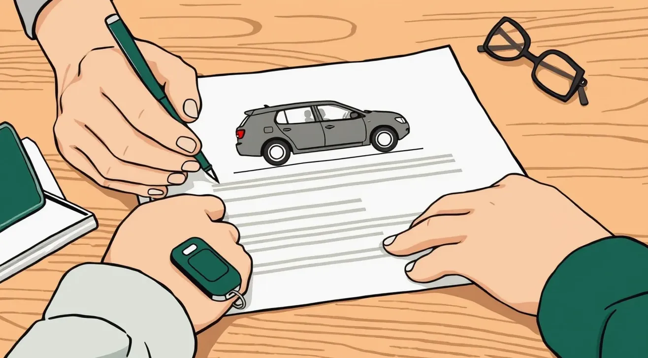 Listina poistnej zmluvy s pečiatkou a položenými kľúčmi od osobného automobilu