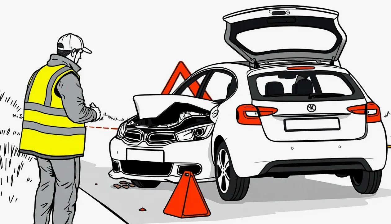 Mechanik cestnej služby kontroluje motor nepojazdného auta pri krajnici