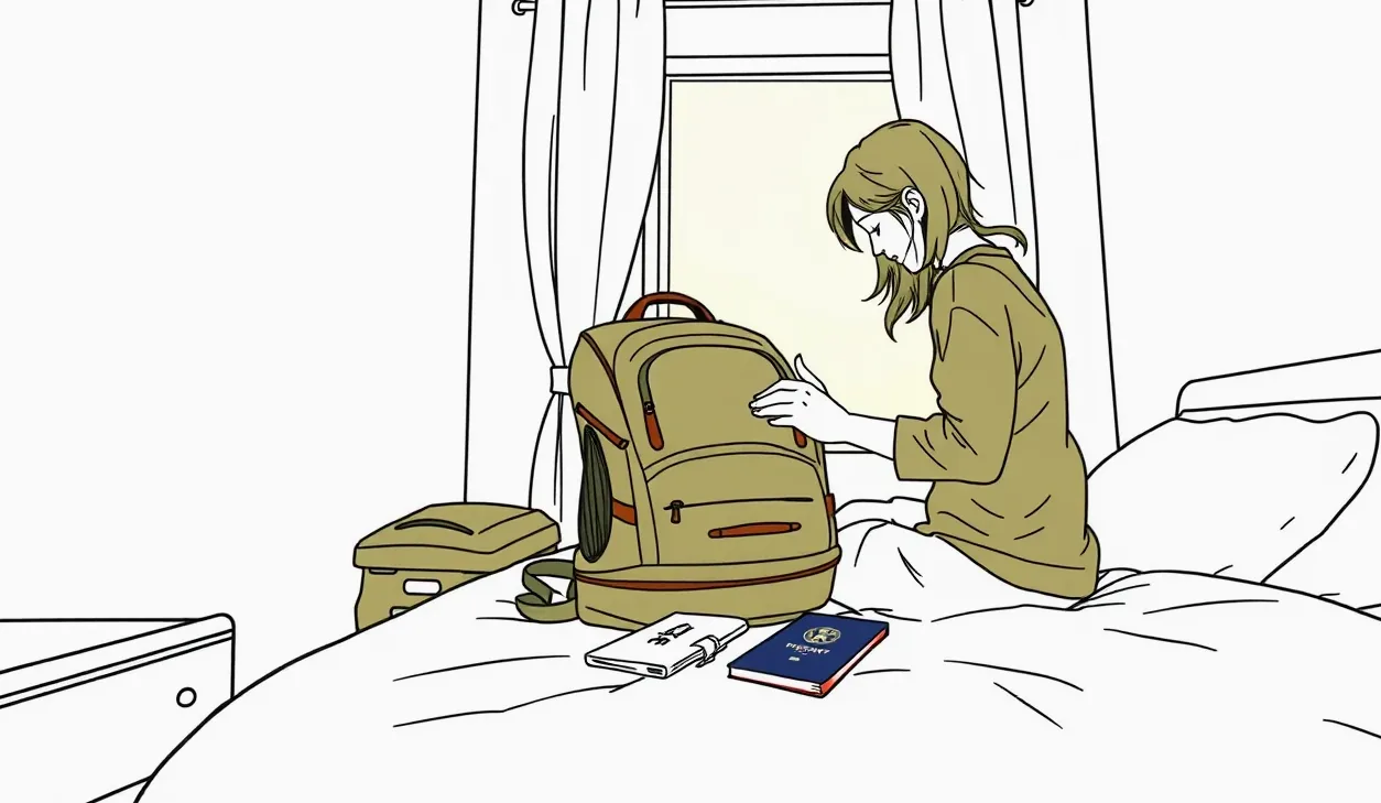 Pracovný stôl s notebookom, pasom a letenkami symbolizujúci prípravu na dlhodobý pobyt v zahraničí