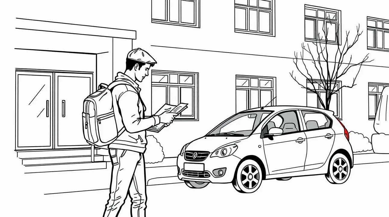 Mladý vodič pri osobnom automobile kontroluje dokumenty od vozidla