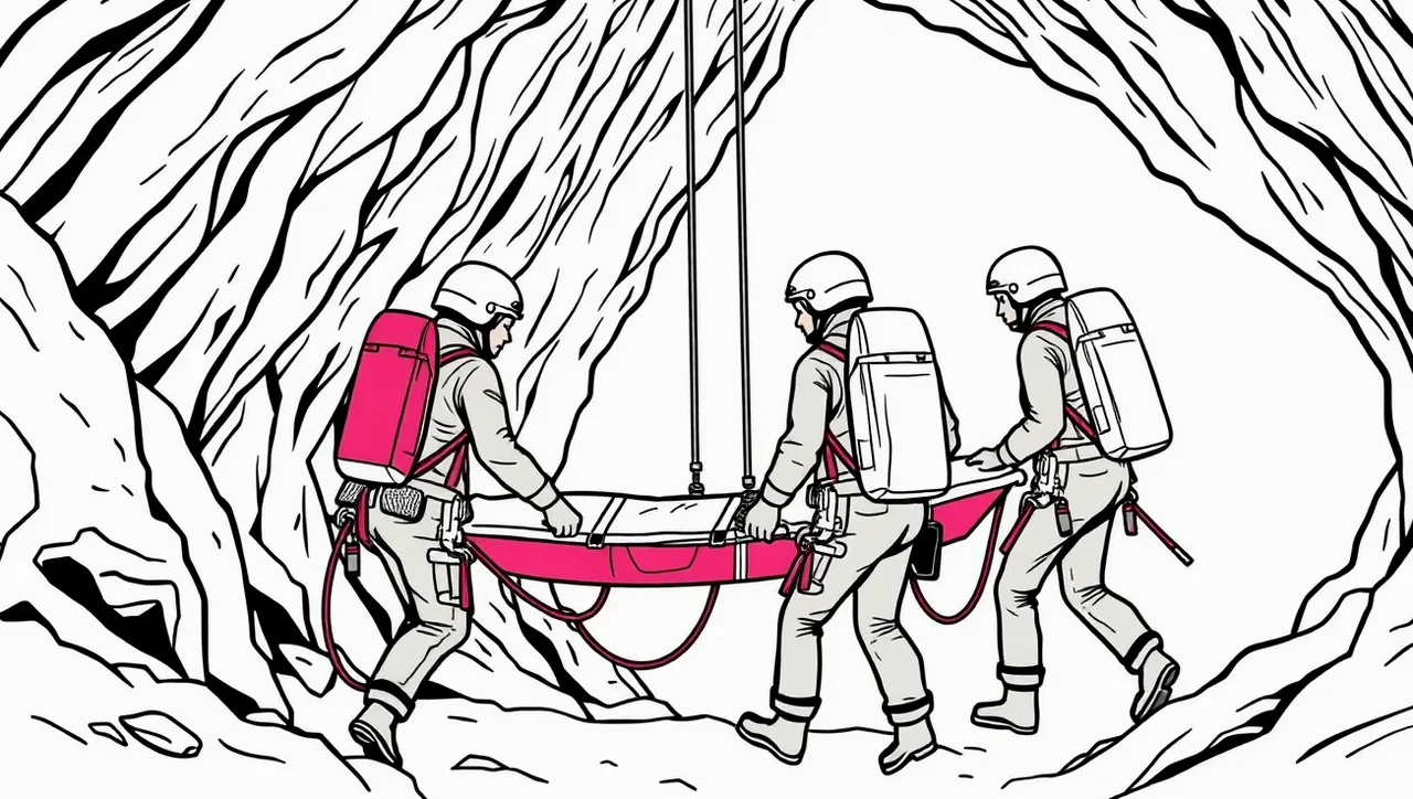 Speleopotápač s technickým výstrojom a tlakovými fľašami pred ponorom v jaskyni