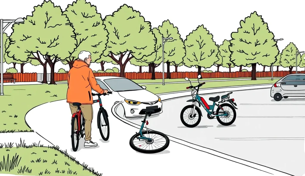 Starší cyklista kontroluje technický štítok na ráme elektrobicykla