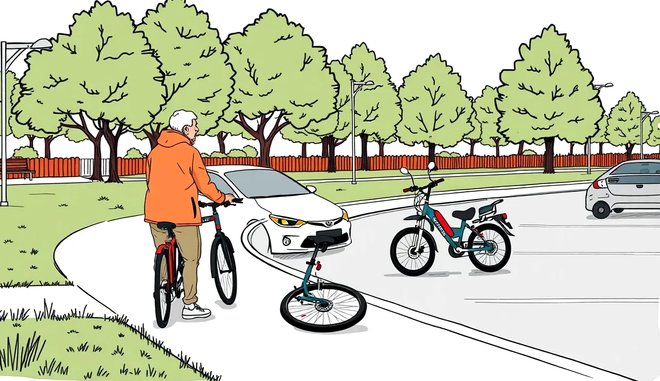 Starší cyklista kontroluje technický štítok na ráme elektrobicykla