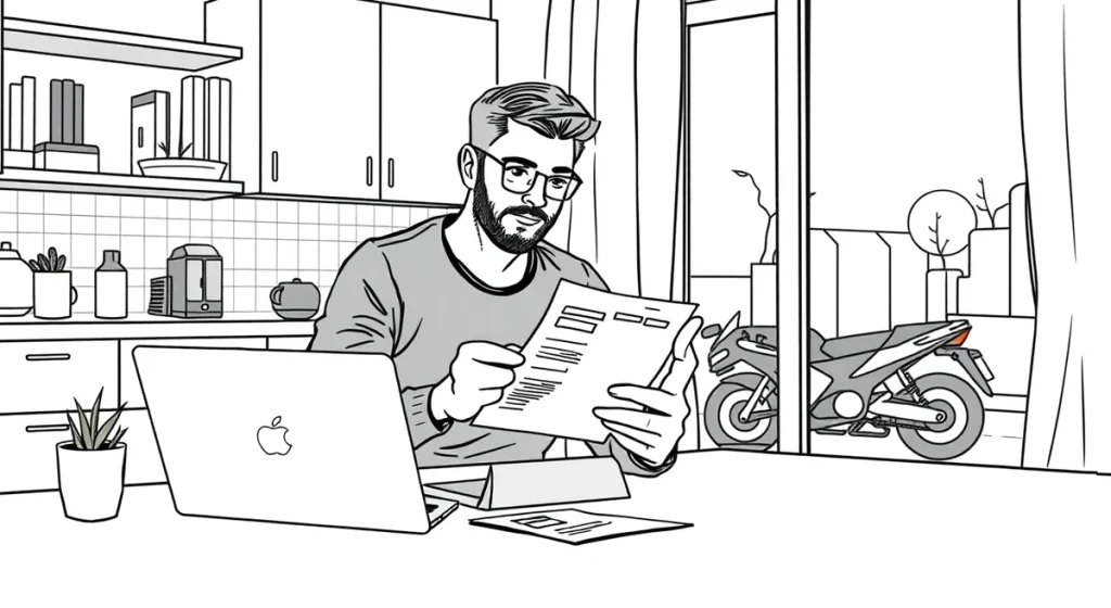 Mladý vodič kontroluje technický preukaz pred uzavretím poistnej zmluvy