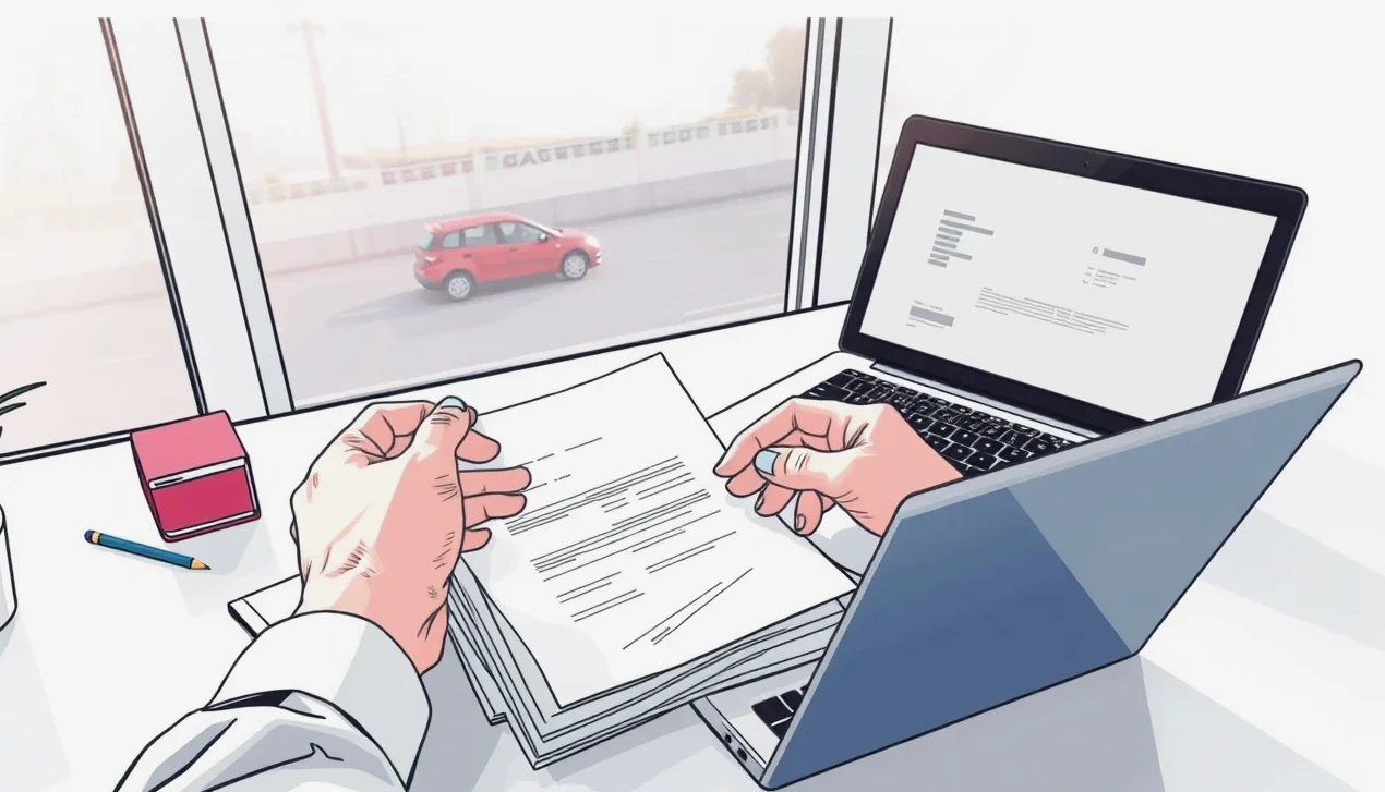 Prijímací technik v autoservise kontroluje rozsah poškodenia vozidla na zdviháku