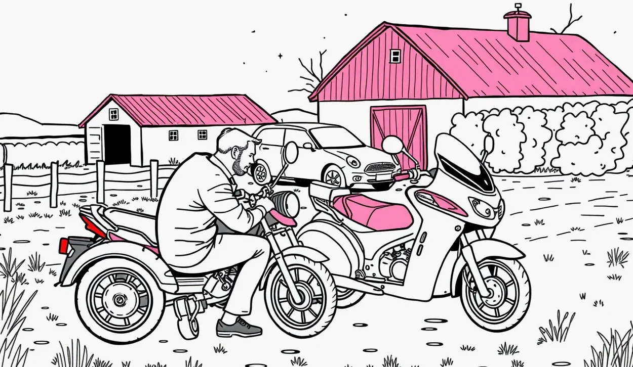 Detail ochrannej motocyklovej prilby a koženej bundy položenej na sedadle trojkolky