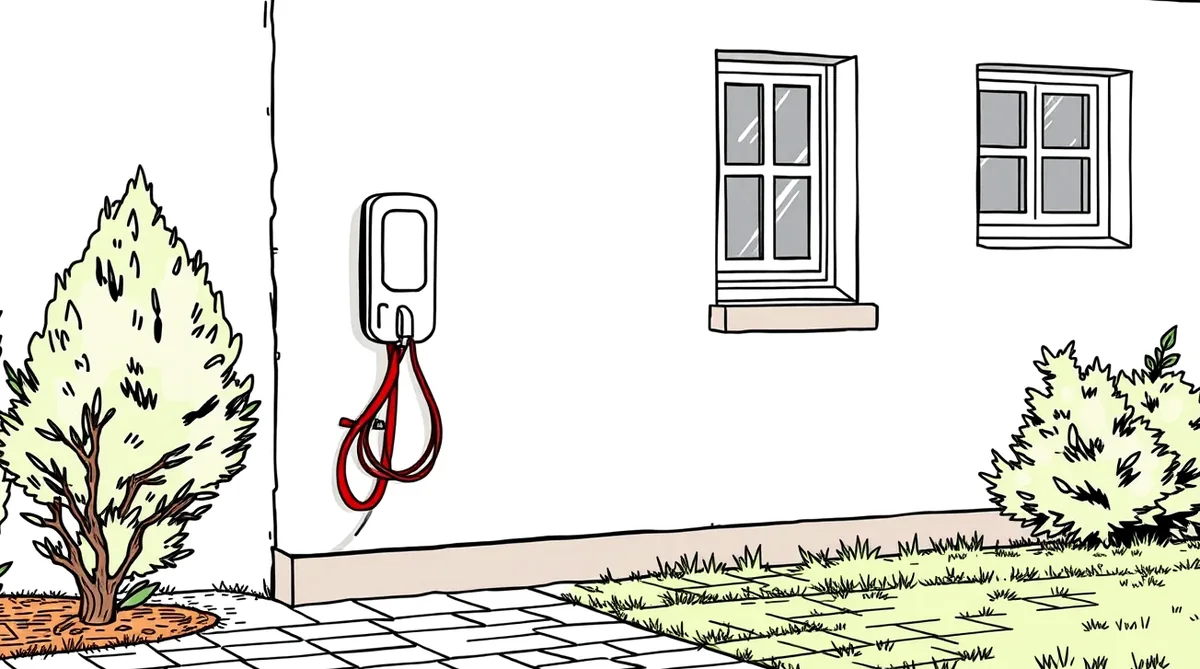 Nástenná domáca nabíjacia stanica namontovaná na fasáde rodinného domu vedľa zaparkovaného elektromobilu