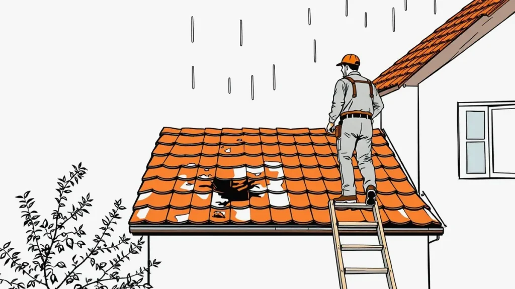 Majiteľ domu kontroluje poškodenú strechu po silnej veternej búrke
