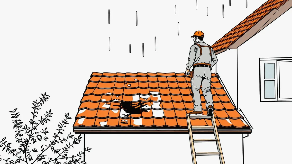 Majiteľ domu kontroluje poškodenú strechu po silnej veternej búrke