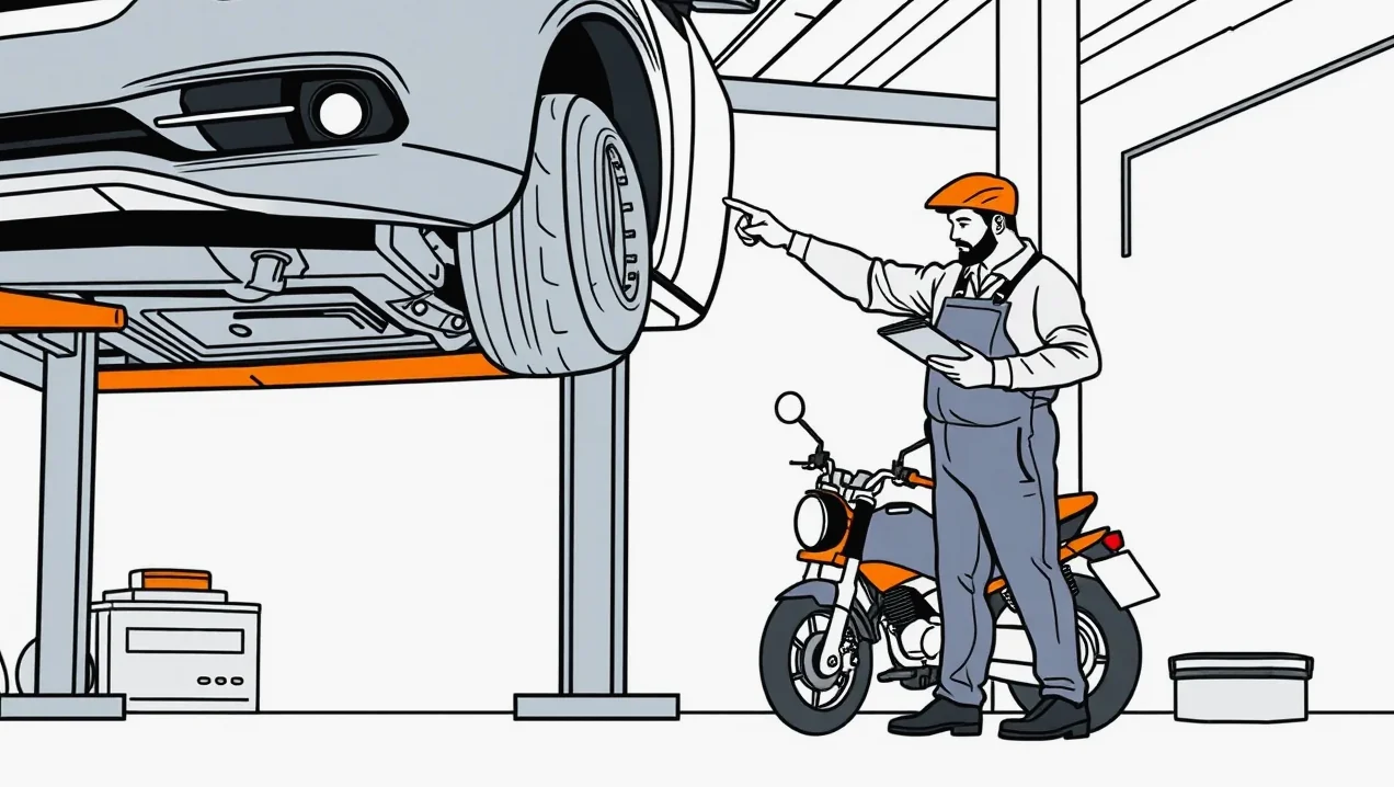 Mechanik v autoservise ukazuje poškodenie nosnej časti podvozka