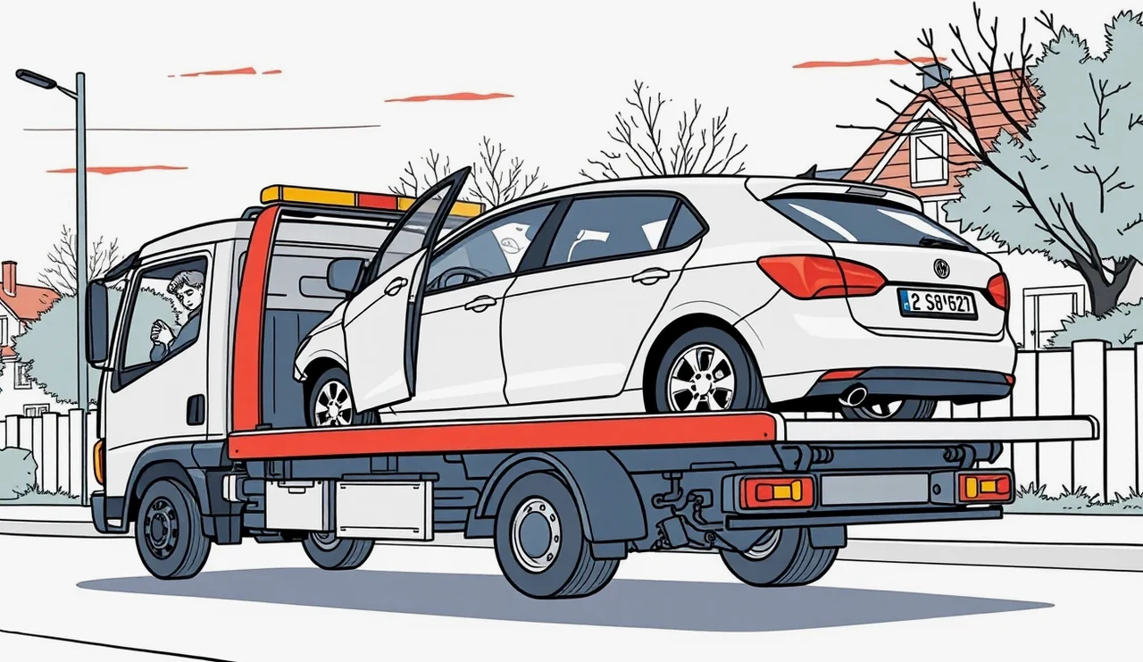 Žlté odťahové vozidlo asistenčnej služby nakladá nepojazdné firemné auto pri krajnici cesty