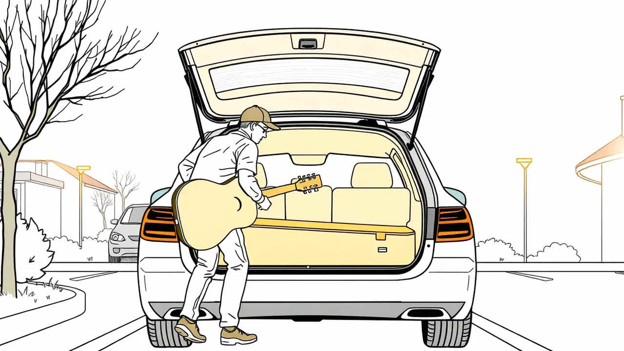 Gitarové kombo a prepravný kufor v kufri osobného automobilu