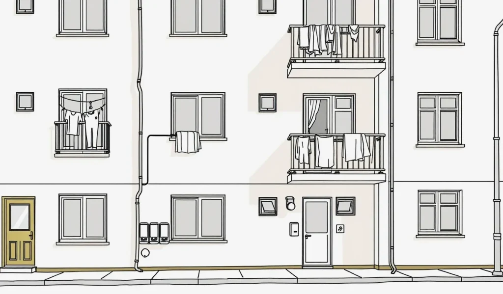 Bytový dom s poškodenou fasádou a zatečeným balkónom po prudkej búrke