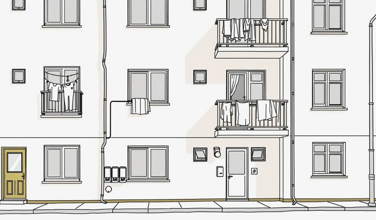 Bytový dom s poškodenou fasádou a zatečeným balkónom po prudkej búrke