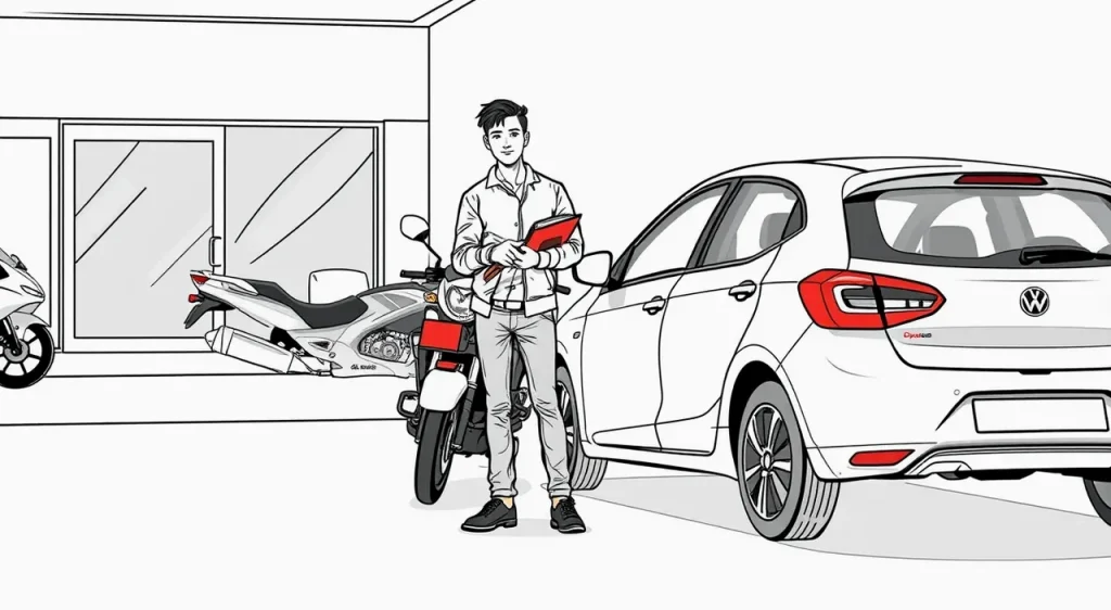 Mladý vodič podpisuje kúpnu zmluvu na ojazdené auto pri kapote vozidla