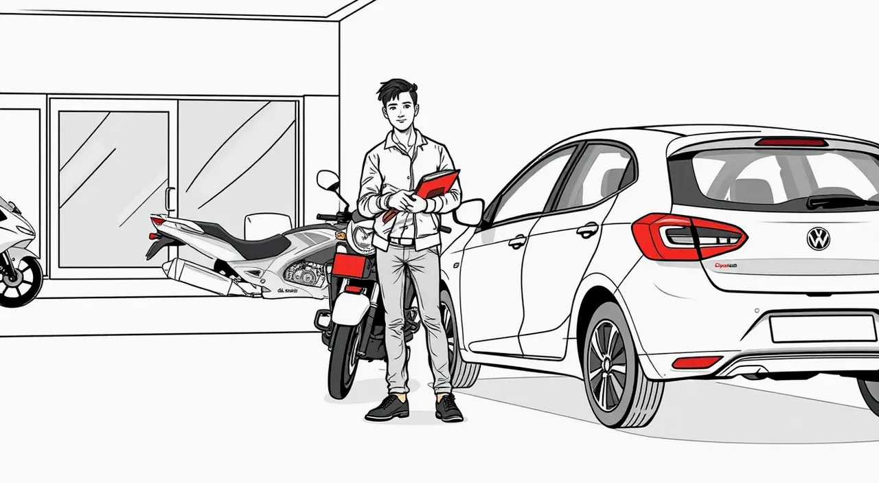 Mladý vodič podpisuje kúpnu zmluvu na ojazdené auto pri kapote vozidla