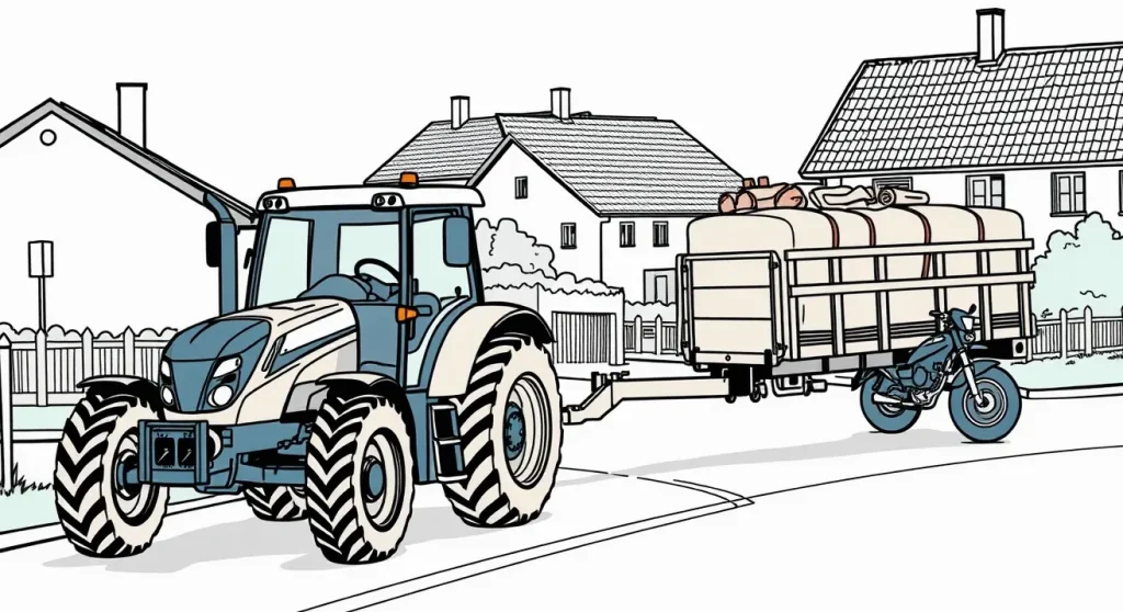 Poľnohospodársky traktor s vlečkou vychádza z poľa na asfaltovú cestu