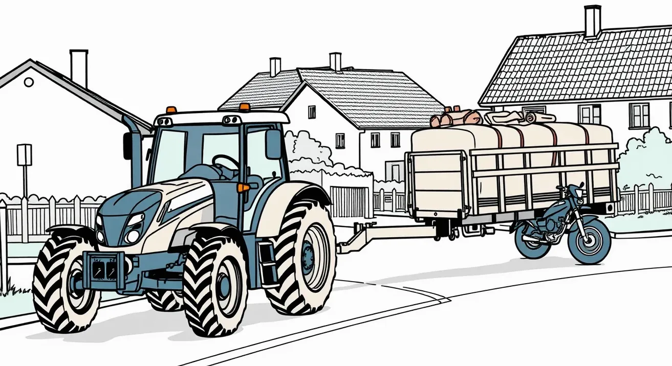 Poľnohospodársky traktor s vlečkou vychádza z poľa na asfaltovú cestu