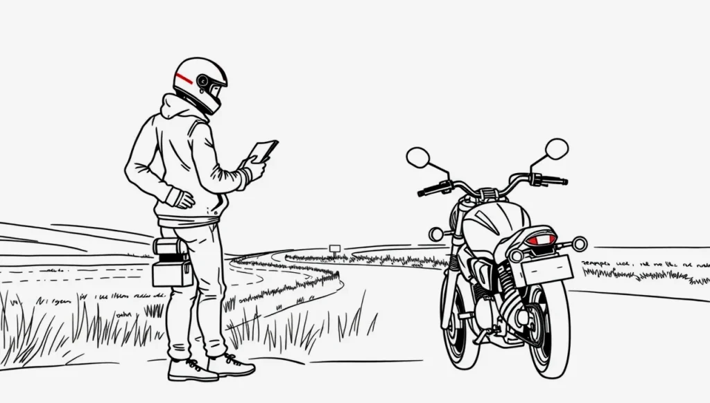Kupujúci a predávajúci kontrolujú technický preukaz pri motocykli pred garážou