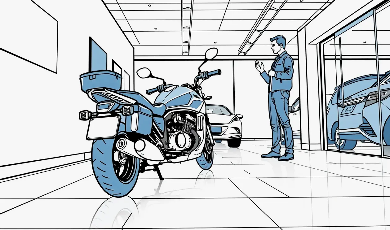 Motocyklová prilba a ochranné rukavice položené na sedadle nového stroja