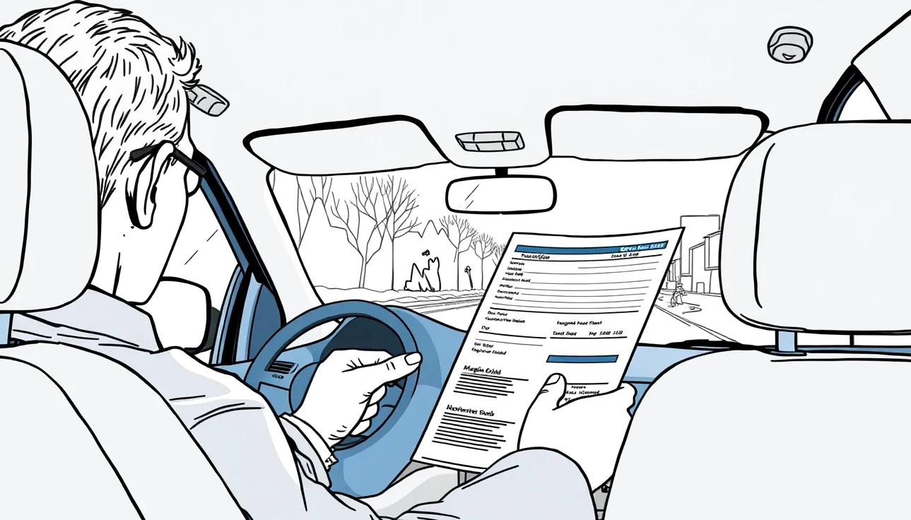 Podnikateľ kontroluje technický preukaz úžitkového vozidla a parametre motora