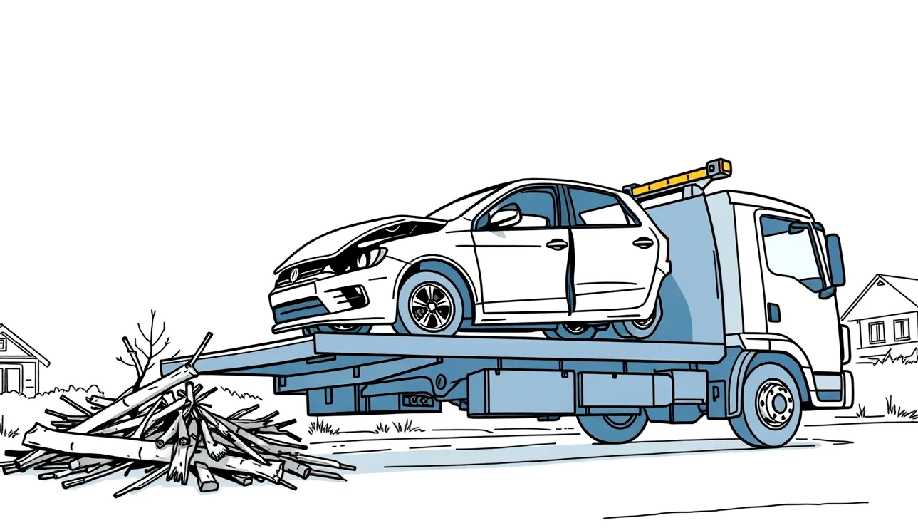 Hasič v zásahovom odeve motorovou pílou odstraňuje spadnutý kmeň zo strechy auta