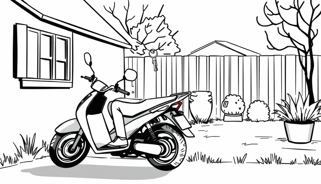Detailný pohľad na malý mestský moped zaparkovaný pri rodinnom dome