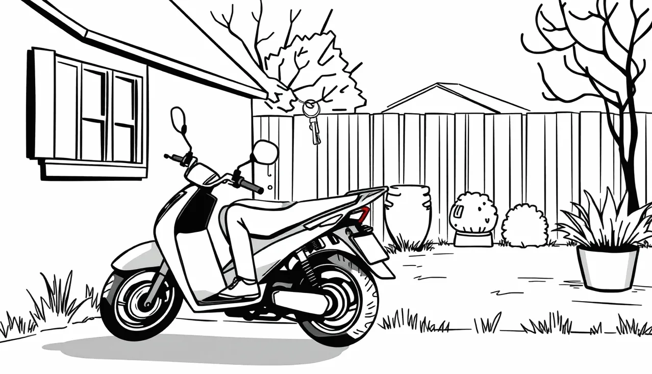 Detailný pohľad na malý mestský moped zaparkovaný pri rodinnom dome