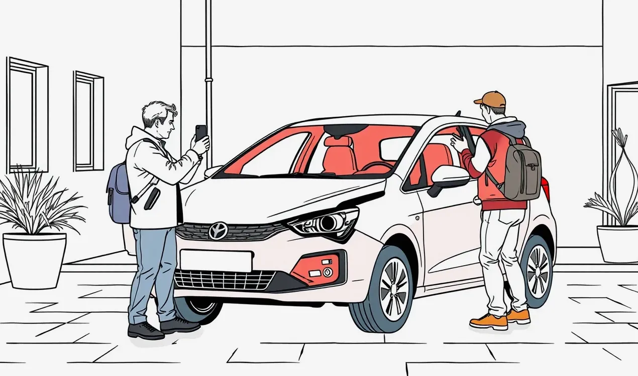 Technik kontroluje karosériu auta smartfónom pri vstupnej obhliadke do poistenia
